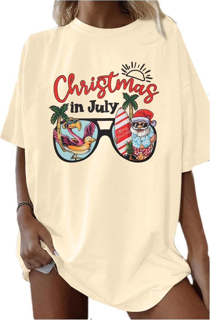 Christmas in July Shirt Women Christmas Hawaiian Tshirt Summer Holiday Tee Vacation Causal Short Sleeve Tops (XXL)