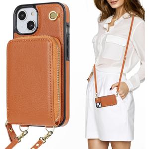 KIHUWEY Crossbody Wallet Case for iPhone 13 iPhone 14, Zipper Pocket Case with Card Holder, PU Leather RFID Blocking Protective Cover Case with Kickstand Detachable Wrist Strap Lanyard 6.1" (Brown)