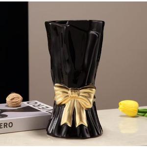 Bow Vase, Black Flower Vase for Home Decor, Black Ceramic Vases for Boho Style, Bow Decor, 9.3 Inch Flower Vases for Bouquet, Ideal Shelf Decor/Table. (Large)