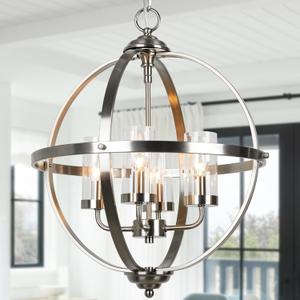 Chandelier Farmhouse Hanging Lighting, 4-Light Globe Orb Chandelier, Adjustable Modern Farmhouse Pendant Light Fixture for Dining Entryway Foyer, Brushed Nickel Finish