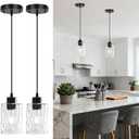 2 Pack Black Pendant Lights Kitchen Island, Adjustable Modern Glass Pendant Light Fixtures Hanging Light Fixture with Hammerde Glass Shade for Bedroom Dining Room Living Room Entryway