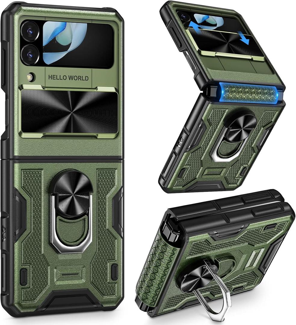 VEGO for Samsung Z Flip 4 Case, with Hinge Protection & Slide Camera Cover Built-in Ring Kickstand Magnetic Protective Phone Cover for Samsung Galaxy Z Flip 4 5G - Green