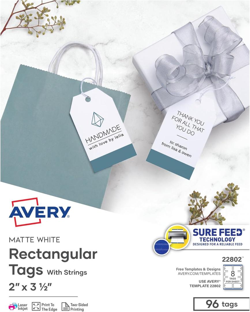Avery Printable Tags With Strings, Rectangle, 2" x 3 1/2", White, Pack of 96
