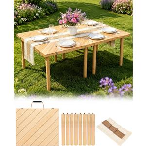 44" x 30" Low Picnic Table with Boho Table Runner Wooden Table