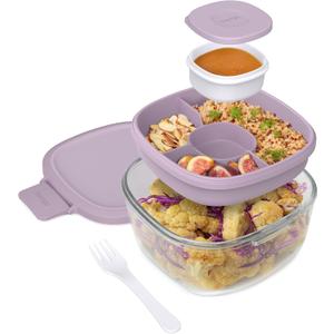 Bentgo Glass All-in-One Salad Container - Large 61-oz Salad Bowl with Lid, 4-Compartment Bento-Style Tray, 3-oz Sauce Container, and Reusable Fork - Dishwasher, Microwave, and Oven Safe (Lavender)
