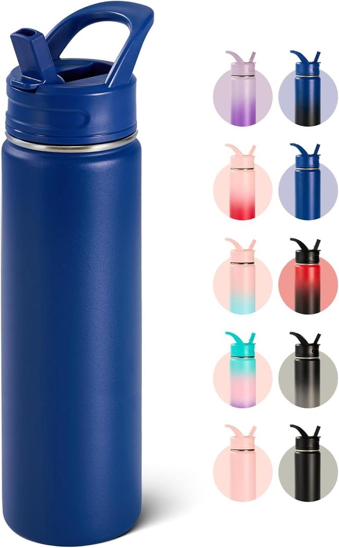 Fijinhom 24oz Insulated Stainless Steel Water Bottle with Straws, Double Wall Vacuum Insulated Bottles, Metal Thermo for Travel, Sports, Leak-Proof, BPA Free, Women & Men, Blue