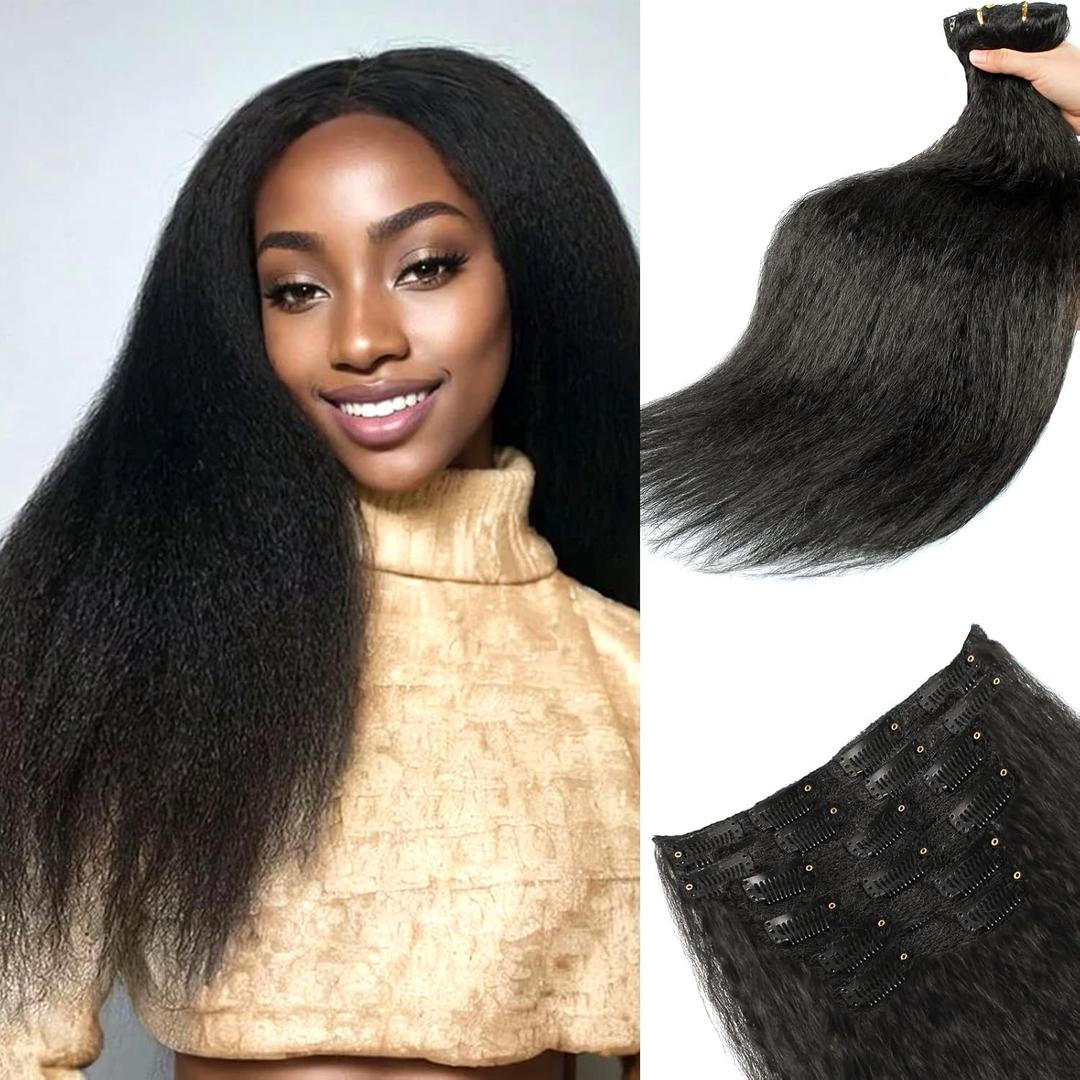 Kinky Straight Clip in Hair Extensions 130g 6Pcs Protein Fiber Close to Human Hair Clip in for Black Women Full Head Double Weft 20inch 1B