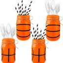 Blushtier 4 Pcs Basketball Mason Jar Centerpiece for Table Basketball Themed Decoration Painted Mason Jar Table Toppers Decor 17 oz for Sports Enthusiasts Birthday Gifts Party Favors Supplies