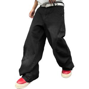 Men's Irregular Sutures Y2k Hip Hop Baggy Jeans Wide Leg Denim Pants Casual Loose Fit Trousers Streetwear (A10 Black)