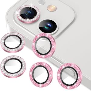 AGVEE 3+3 6 Pack for iphone 12 Pro/12/12 Mini/11 Pro Max/11 Pro/11 Camera Lens Protector, Bling Diamond & Bling Glitter Metal Ring 9H Tempered HD Glass Camera Cover, Bling-Pink