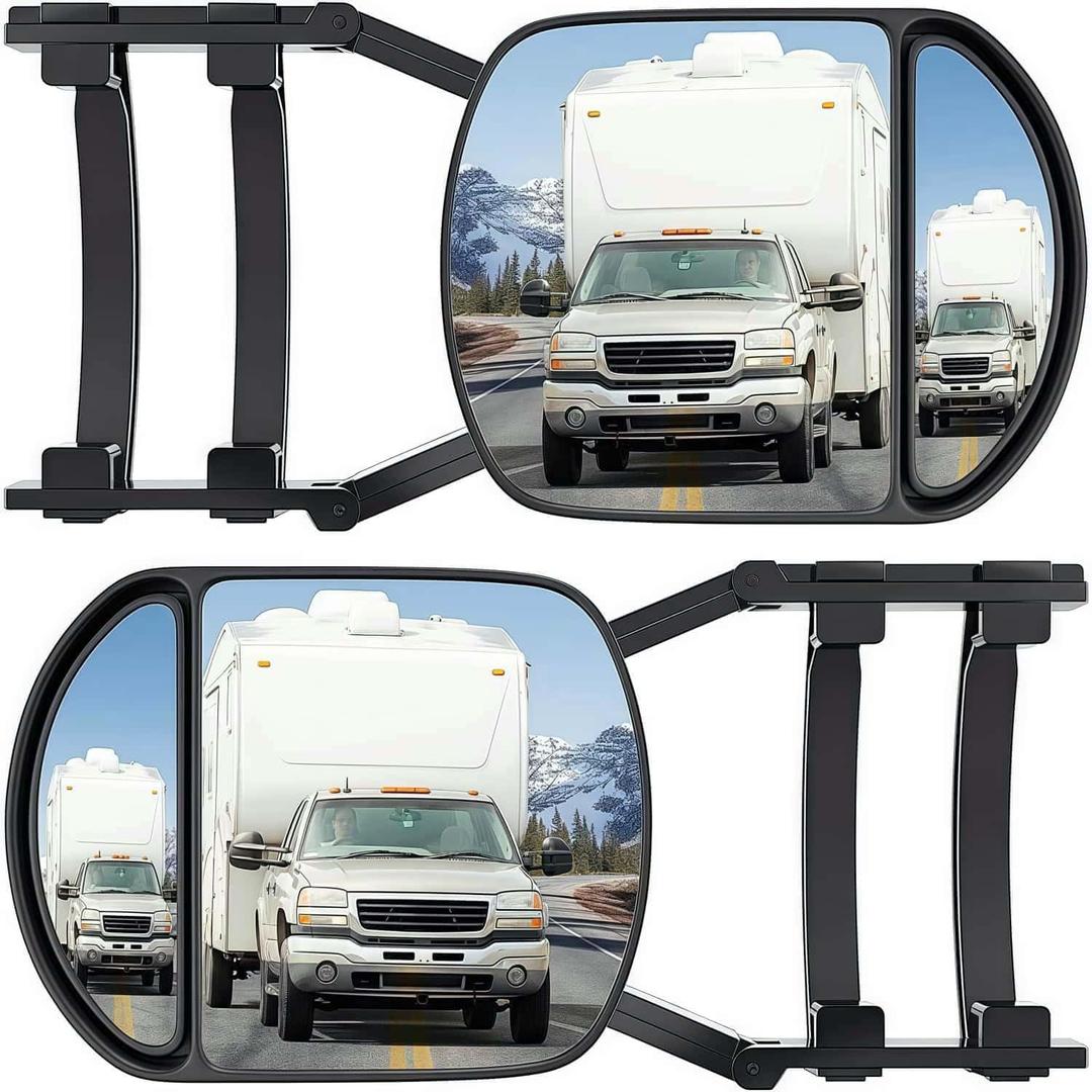 Car Towing Mirrors, 2 Pcs Black, Extendable Towing Mirrors for Trucks & SUVs, Clip-On/Strap-On Universal Fit, Frameless Glass for Wider View, Anti-Vibration, Easy Installation