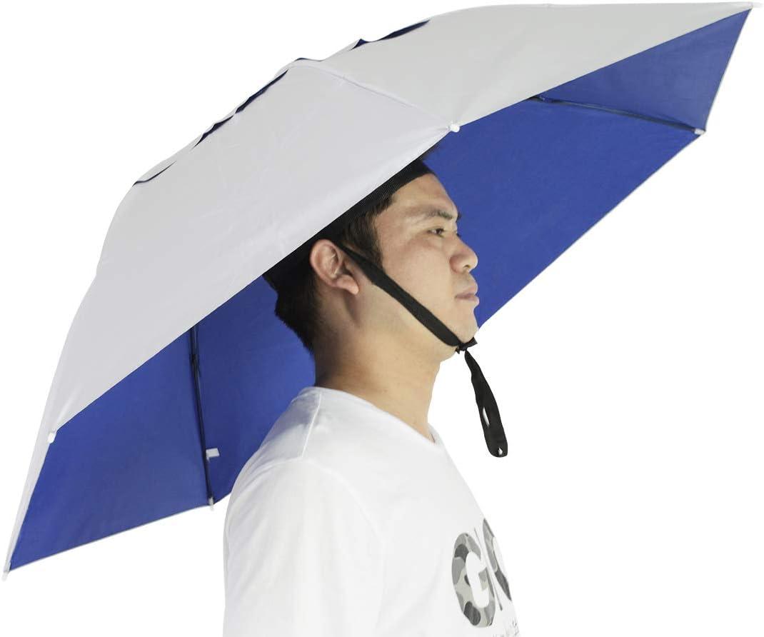 NEW-Vi Fishing Umbrella Hat Folding Adjustable Sun Rain Cap, 37.4Oversize Hands Free Umbrellas, 7-Ribs Anti-UV Waterproof Headwear for Fishing Gardening Golf Sunshade Outdoor (Silver/Blue)