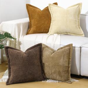 Lewondr Corduroy Throw Pillow Covers 18x18 Inch, 4 Pack Soft Square Throw Pillow Cases, Decorative Boho Striped Couch Pillow Covers for Living Room Bedroom Sofa Bed Office Cushion Cover, Brown