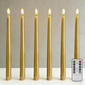 Gold Flameless Taper Candles with Remote, Flickering LED Candlesticks Battery Operated Home Candle Decor, Set of 6