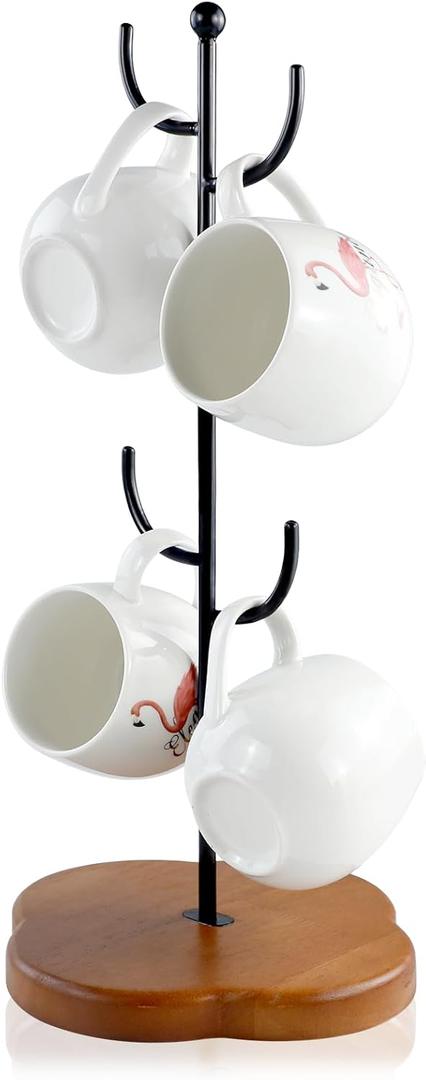 Coffee Mug Holder, Non-Slip 4 Hook Mug Rack, Metal & Wood, Modern & Elegant, Black, Countertop Organizer