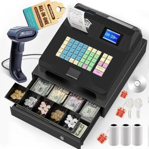 Newest Cash Register for Small Businesses with Scanner, Electronic Cash Registers with Dual Display for Cashier and Customer,Receipt Print& Cash Drawer with Check Port for Store/Restaurant