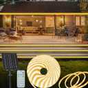 ZAIYW 32.8ft Solar LED Strip Lights Outdoor, IP68 Fully Waterproof Strip Lights with Timer Remote Dim, Self-Adhesive Cuttable Light Strip for Fence Yard Garden Decor (Warm White)