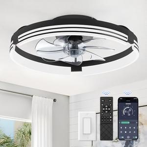ZMISHIBO Low Profile Ceiling Fans with Lights and Remote, 20 Inch Flush Mount Ceiling Fan with Light, 3000K-6000K Dimmable Fandelier LED Fan Light, 6 Wind Speeds Black Ceiling Fans for Bedroom