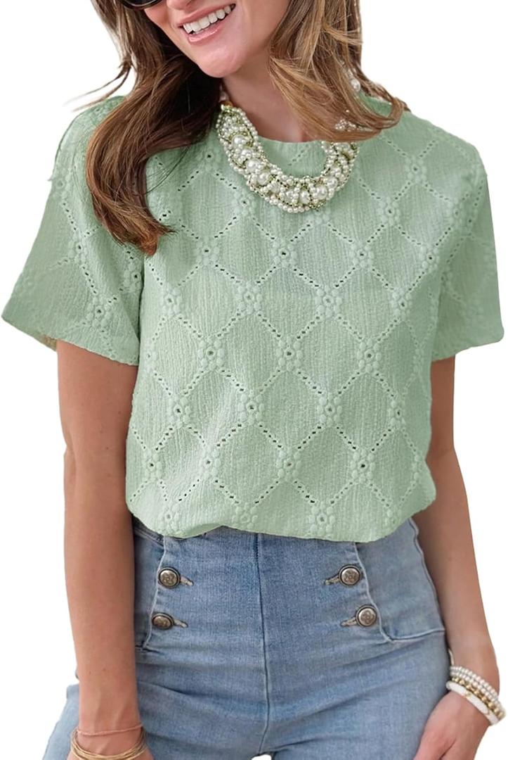 Dokotoo Women's Tops Casual Scoop Neck Short Sleeve Eyelet Embroidered Hollow Out Blouses Shirts (Green, XXL)