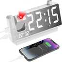 GuDoQi Projection Alarm Clock for Bedroom, Digital Clock with 180 Projector, 7" Large LED Display, Dual Alarms, Temperature&Humidity Display, Dual USB Port, 12/24H, Snooze, for Heavy Sleepers, White