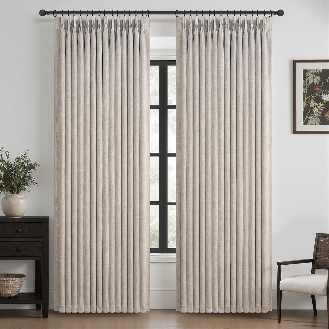 Pinch Pleated Blackout Greyish Beige Curtains 90 Inches Long 2 Panels Set for Sliding Glass Doors, Memory Trained Dual Layer Linen Soundproof Heat Blocking Taupe Rustic Windows Drapes for Living Room