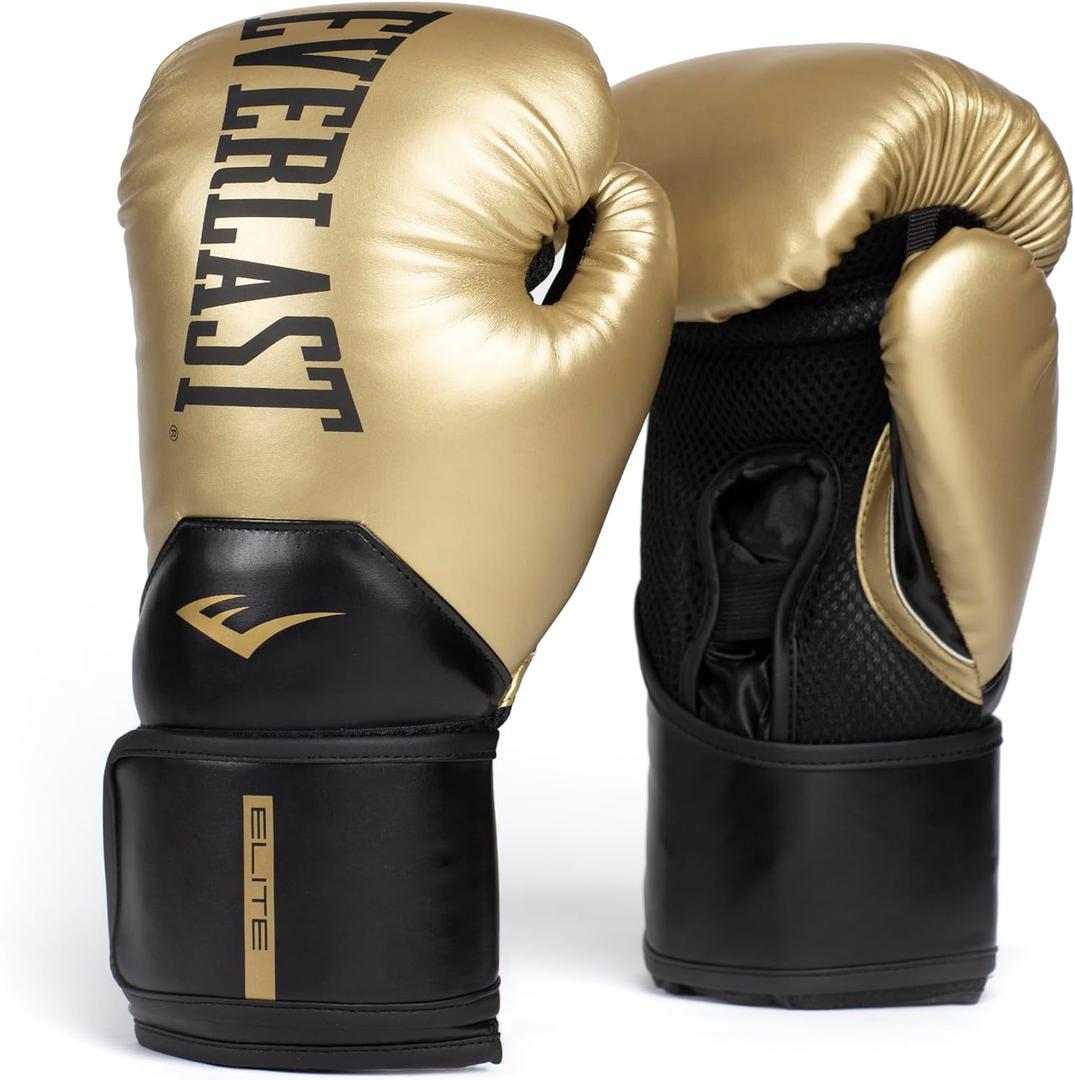 Everlast Elite 2 Boxing Gloves, Pro Training Gloves for Men and Women, Secure Fit Hook and Loop Closure & Ventilation, Heavy Bag & Speedbag Training (16oz, Gold/ Black)