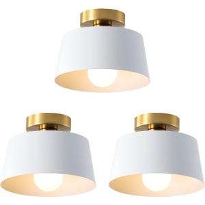 Ceiling Light Fixture, Hallway Ceiling Light with Gold Plate and White Shade, Modern Simple Style Porch Light Fixtures Semi Flush Mount (3 Pack White)