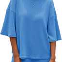 Tankaneo Womens 2 Piece Outfits Sweater Set Lounge Sets 3/4 Sleeve Oversized Tops and Elastic Waist Shorts Pajama Sets (X-Large, Blue)
