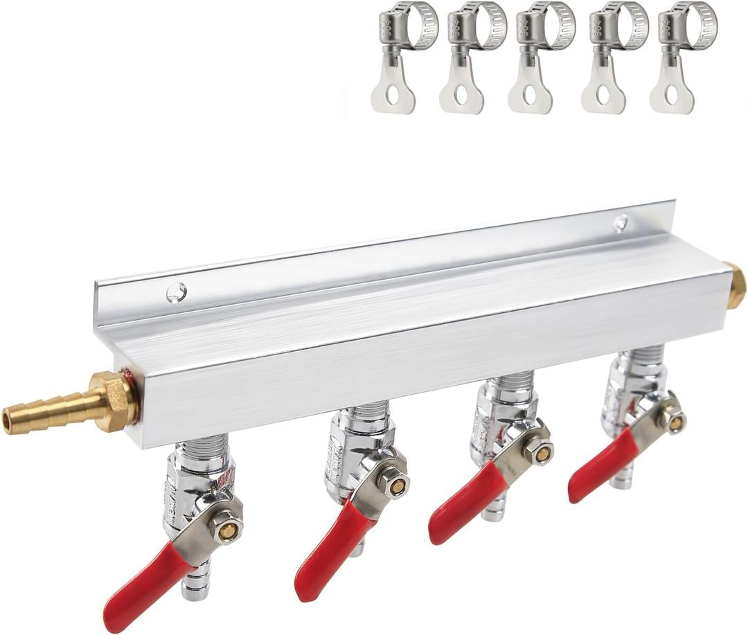 Roastove 4-Way Gas Manifold CO2 Distributor Manifold 5/16 inch Barb/Stem Splitter Beer Integrated Check Valves Homebrew Beer Making Brewing Tool-CO2 gas input at LEFT side+5CLAMPS