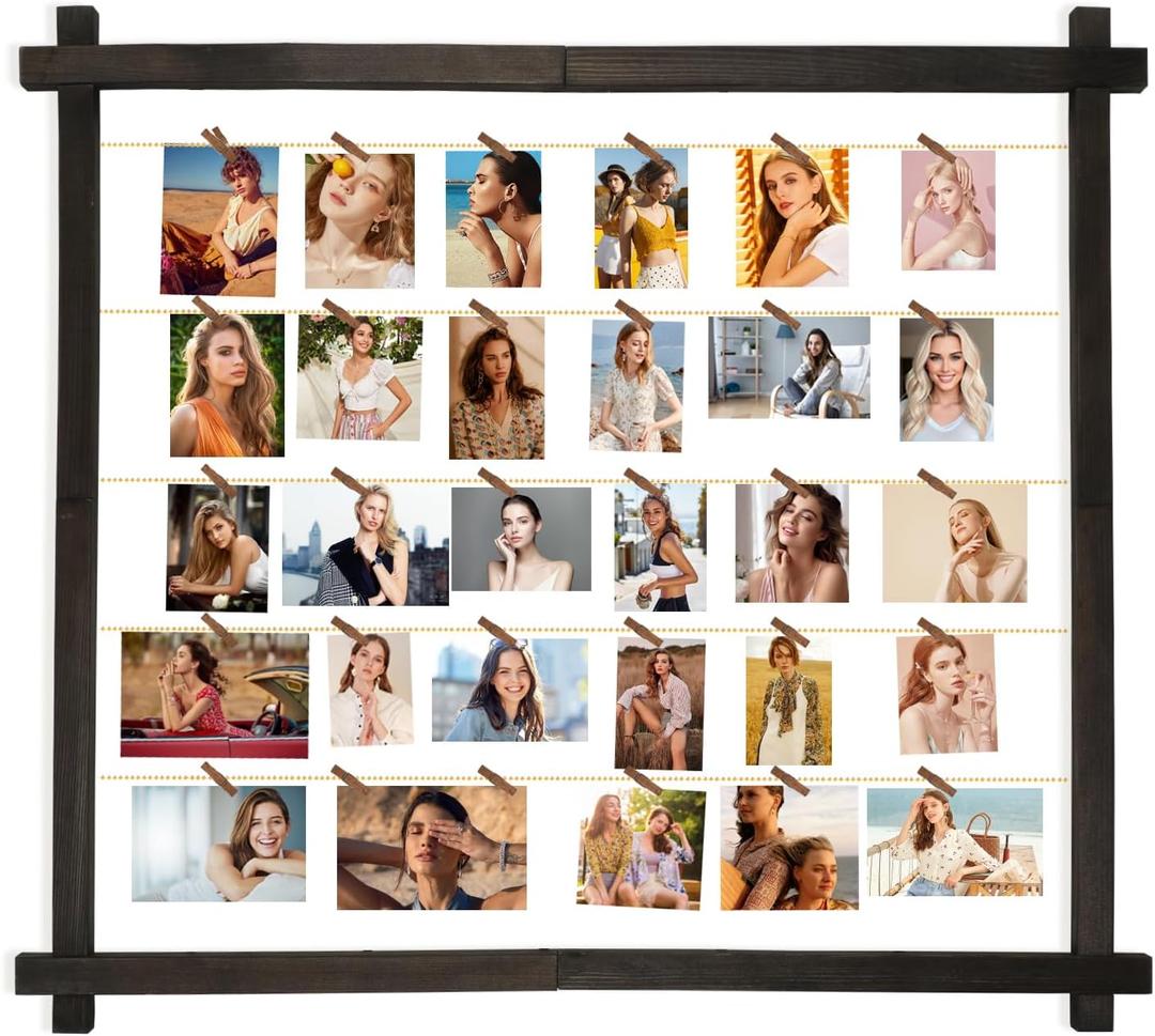 Wood Picture Frames Collage, Photo Display With 30 Clips, Hanging Picture Board Wall Decor for Dorm Graduation Letter Postcard Greeting Card Organizer, Pine, Adjustable Bead String,3 Pack (Black Walnut)