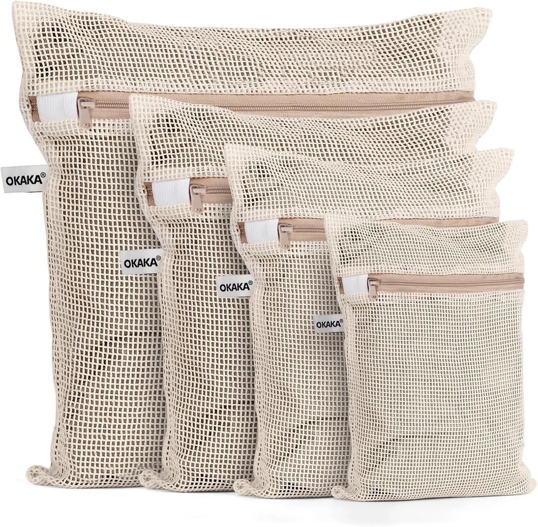 100% Cotton Mesh Laundry Bags, Premium Soft, No Dye, Set of 4, Natural