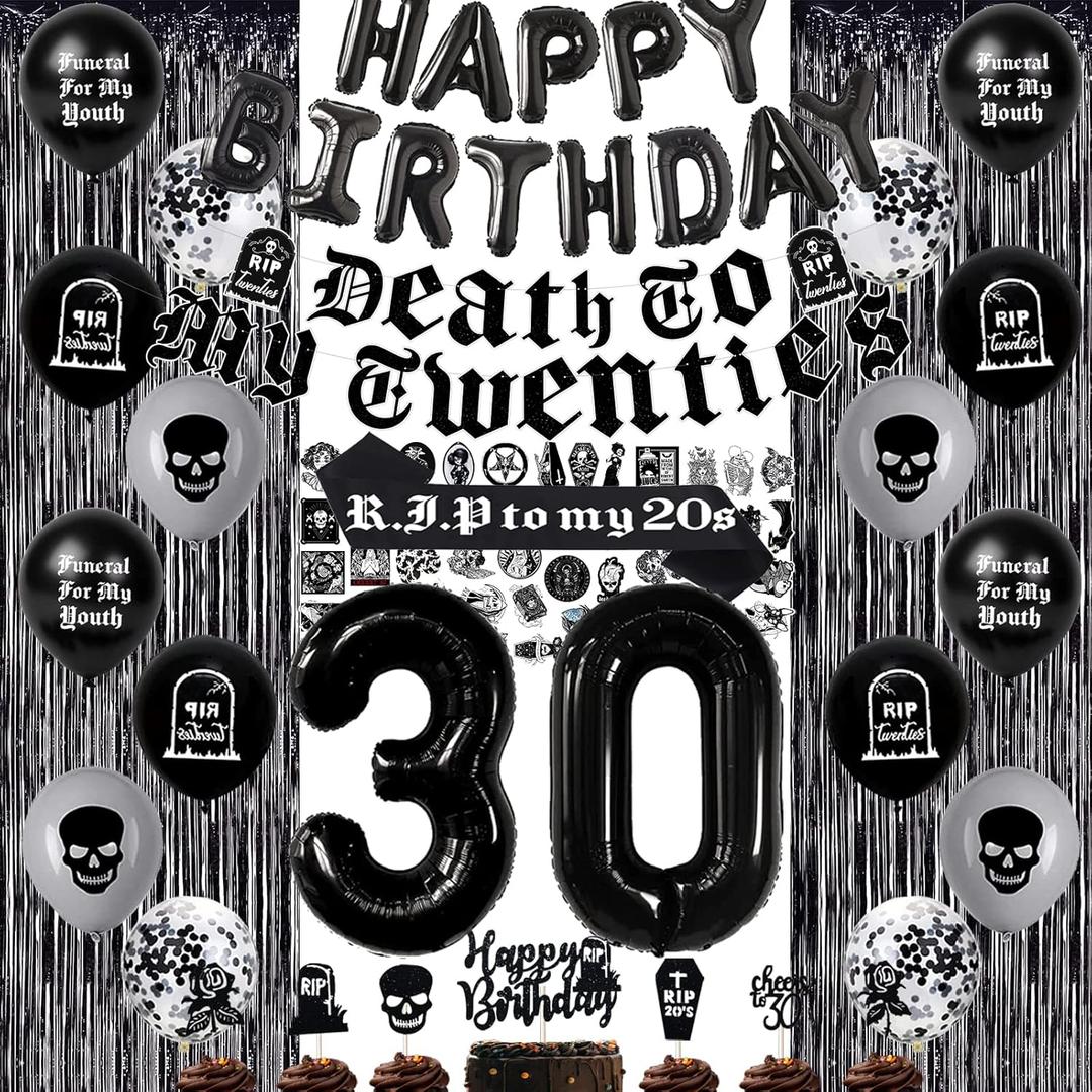 Black 30th Birthday Decorations for Women or Men, Death to My 20s Decorations, Death to My Twenties Banner Number 30 Balloons Rip to My 20s Sash Cake Toppers for Rip 20s Birthday Decorations