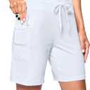 Women's 7" Athletic Hiking Long Shorts with Pockets High Waisted Stretchy | Bermuda Shorts for Women, Workout, Casual (White, L)