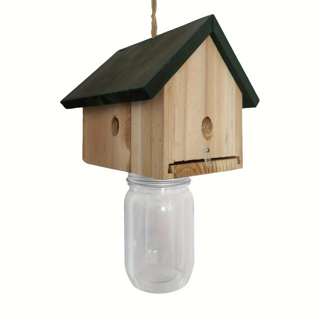Bird / Wildlife Accessories for Birds, Wooden Hanging Bird Feeder with a Jar Dispenser, House-Shaped. Suitable for Small Birds Such as Hummingbirds, Chickadees and Sparrows, 1 Piece