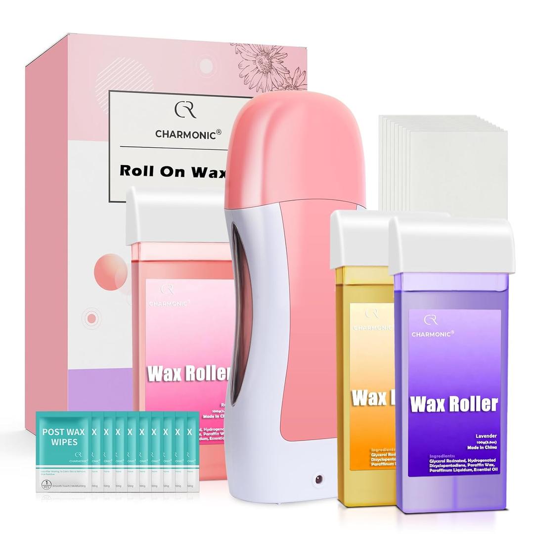 Roll On Wax Kit, Portable Wax Roller Kit for Coarse/Fine Hair Removal, Beginners Waxing Roller for All Skin Types with 3 Pcs 100g Roll Cartridge, 100 Woven Strips & 10 After Oil Wipes (F3_RoseRed)
