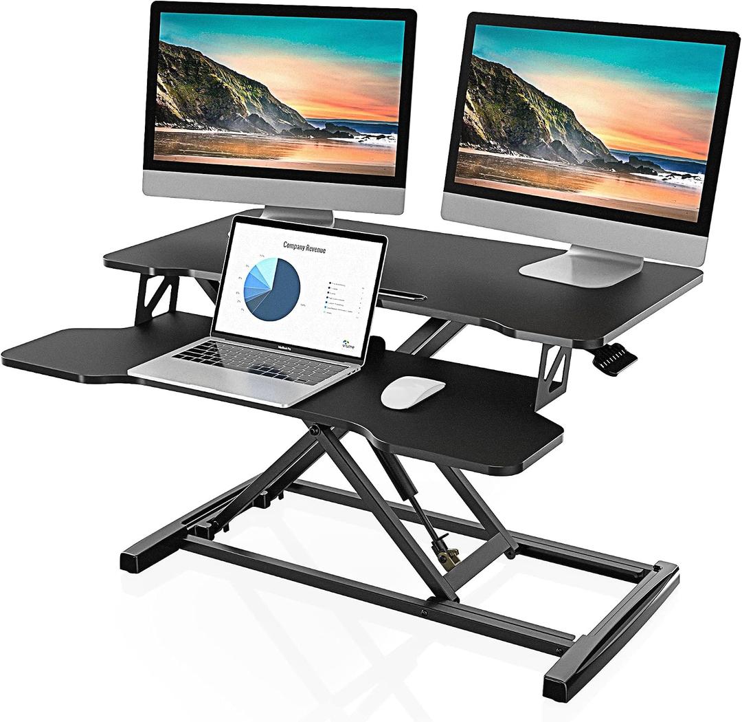 FITUEYES Height Adjustable Standing Desk 32" Wide Sit to Stand Converter Stand Up Desk Tabletop Workstation for Dual Monitor Riser FSD308001WB
