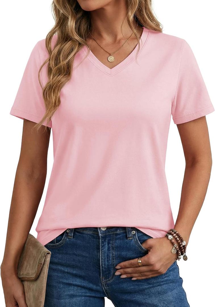 MAGCOMSEN Women's Cotton T Shirt V-Neck Short Sleeve Shirt Classic-Fit Casual Breathable Tee Summer Basic Tops
