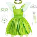 Kid Halloween Fairy Costume Set with Wings, Green Dress Floral Forest Suit, Girls Fantasy Dress Up 100