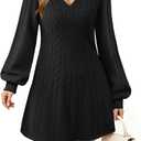 Womens V Neck Long Sleeve Cable Knit Fall Dresses Elegant Babydoll Sweater Dress (Large, Black)