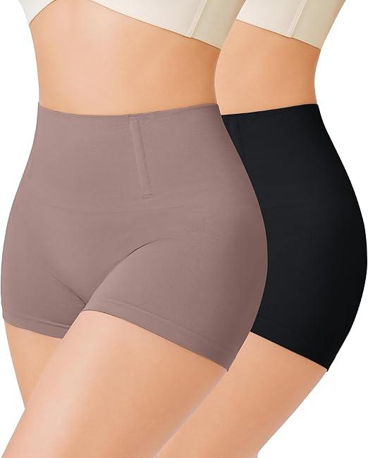 Nebility 2 Piece Slip Shapewear Shorts for Under Dresses Smooth Seamless Shaping Boyshorts Panties, Black and Purple Brown, M