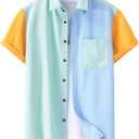 WDIRARA Men's Colorblock Button Down Short Sleeve Pocket Front Shirt Tops