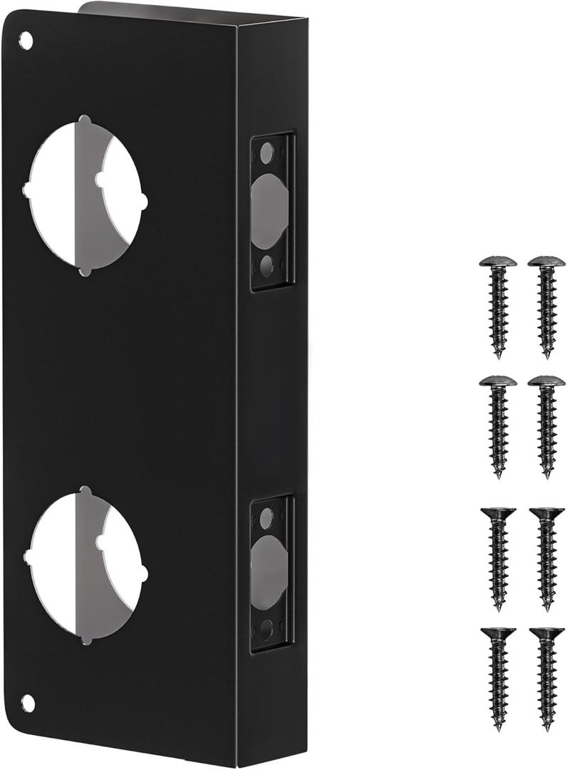 Double Hole Door Knob Reinforcement Plate, Matte Black, Fits 1-3/4" Doors, 2-3/4" Backset, Door Lock and Door Knob Cover Plate, Deadbolt Cover Plate Reinforce and Repair Wood or Metal Doors