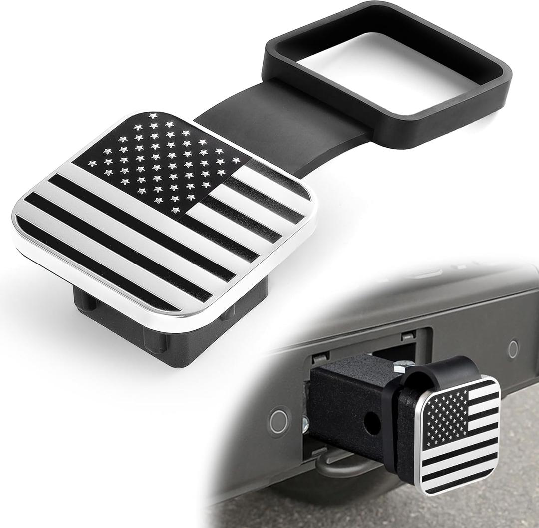 UYYE 2 Inch Rubber Trailer Hitch Cover, American Flag Rubber Hitch Tube Cover Plug Cap, Car Exterior Accessories Fits for Most Vehicles Hitch Receivers, Hitch Cover Tube Plug Cap (Silver-Black)