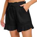 Womens Summer Linen Shorts Wide Leg High Waisted Ruffle Draswtring Beach Flowy Shorts with Pockets (Black, L)