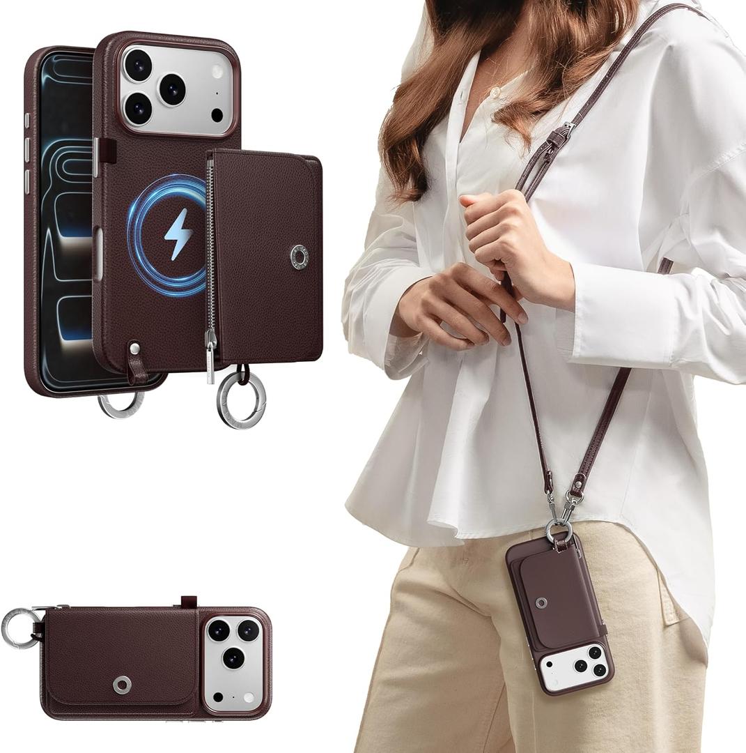 MAGEASY Designed for Phone 17 Pro Wallet Case with Crossbody Strap - Compatible with MagSafe Detachable Coin Purse & Card Slot, Leather Crossbody Lanyard, 16ft Drop Protection | Pouch M (Burgundy)