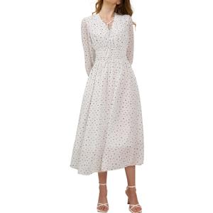 Women's Chiffon Long Sleeve Flowy Dress Spring 2025 Casual V Neck Smocked Waist Midi Dresses with Pockets (Large, White With Polka Dot)