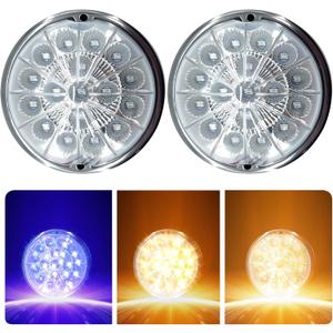 2PCS 17 LED Dual Revolution Watermelon Lights, Amber Turn Signal & Marker to Blue Auxiliary, Clear Lens & Stainless Steel Bezel for Freightliner, Peterbilt, Heavy Trucks & Trailers