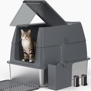 Enclosed Stainless Steel Cat Litter Box with Lid, FILP-Top High Sided Enclosure Metal Litter Boxes with Scoop Set for Big Cats, Non-Sticky, Anti-Leakage, Easy Cleaning,Transparent Grey (XX-Large, Dark Gray)