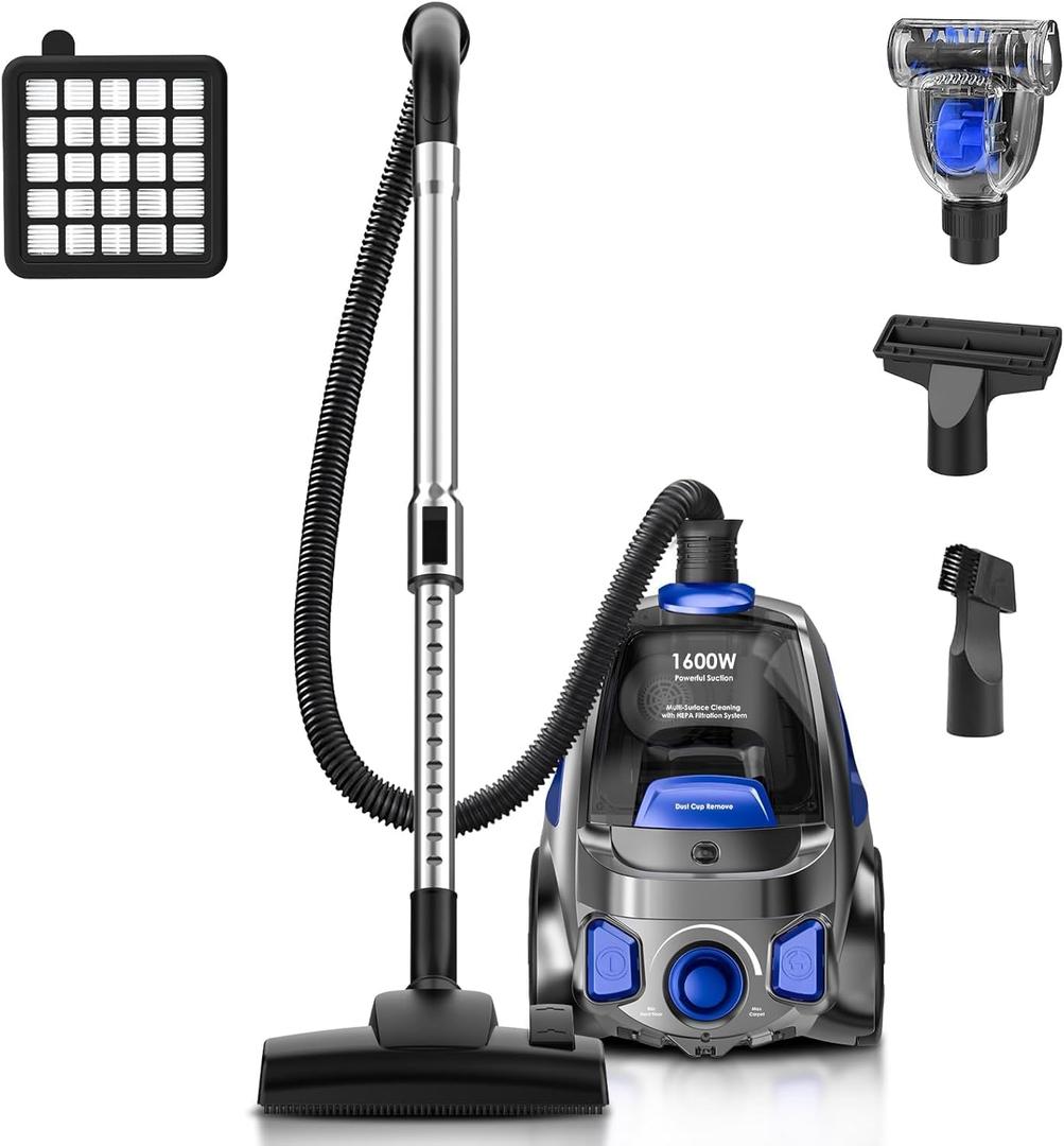PKUYIE Canister Vacuum Cleaner, 32Kpa 1600W Bagless Vacuum Cleaner, Dust Full Indicator, H13 HEPA Filter, 3.7Qt Large Capacity, Lightweight Vac for Hard Floors, Carpet, Pet, Upholstery, Blue