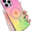 Aesthetic Case for iPhone 14 Pro Max Case for Women Girls, Compatible with Magsafe, Cute Girly Trendy Glitter Sparkly Rainbow Magnetic Protective Phone Cover, Matte Iridescent Pink & Green